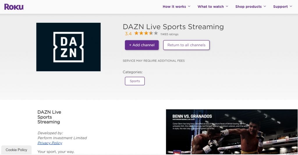 DAZN sur Roku Channel Store
