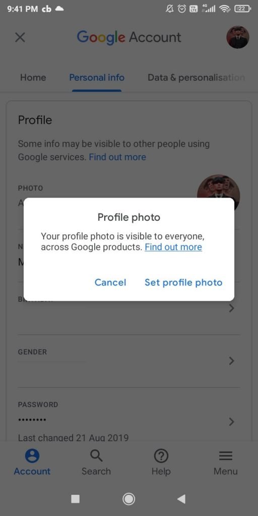Sélectionnez Définir la photo de profil pour modifier la photo de profil du compte Google