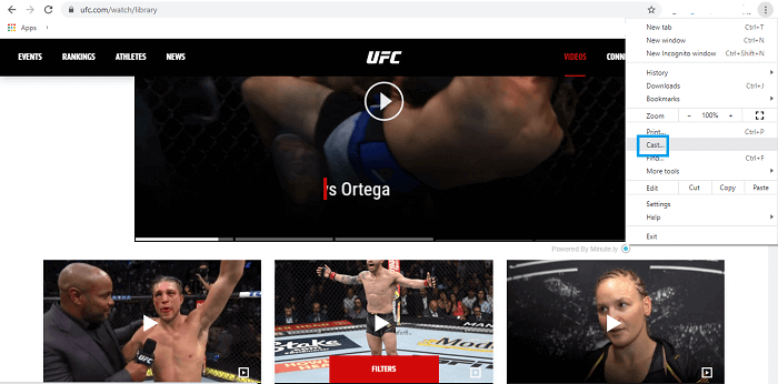 Option Cast sur Google Chrome vers Chromecast UFC