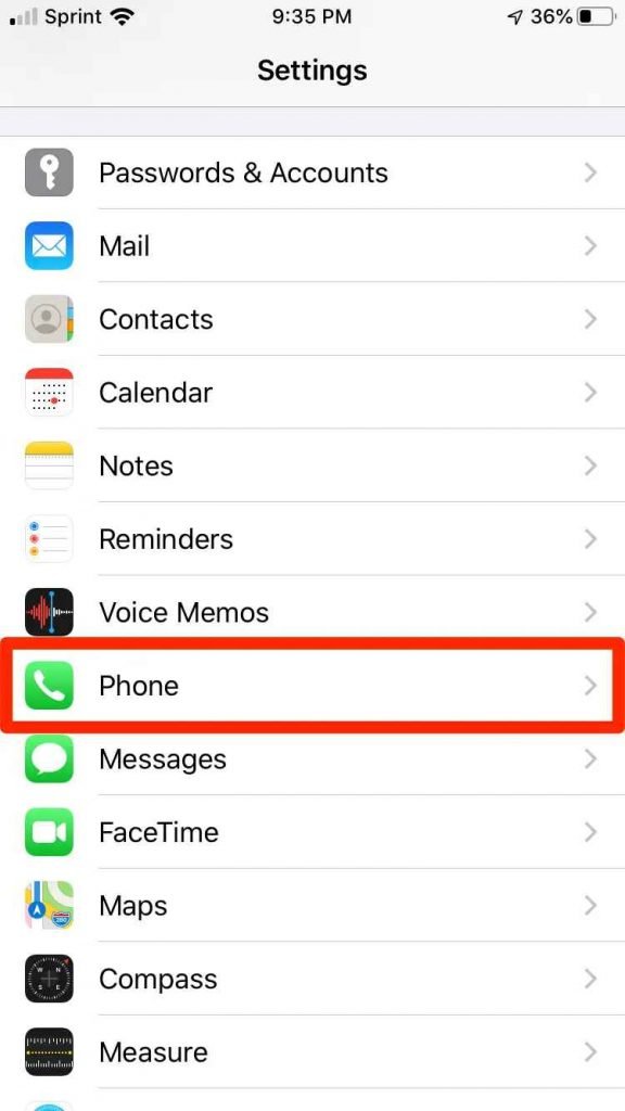 sélectionnez la section téléphone pour réinitialiser le mot de passe de la messagerie vocale de l'iPhone