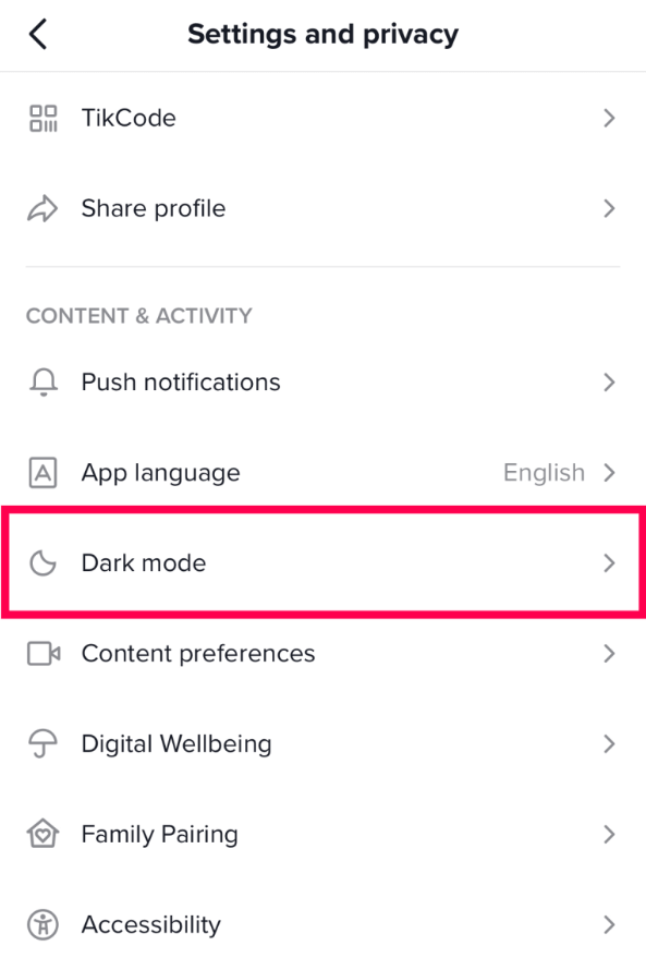 Sélectionnez le mode sombre sur TikTok