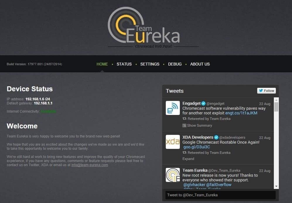 si vous voyez la page des paramètres d'Eureka, vous avez réussi à rooter votre appareil Chromecast 