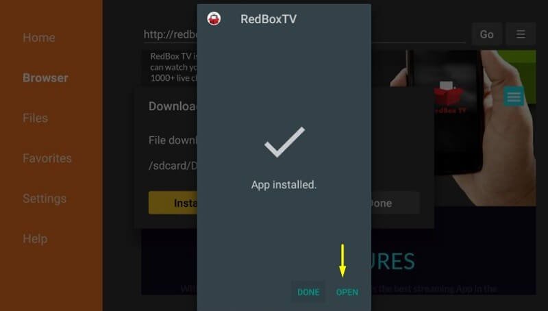 Cliquez sur Ouvrir la RedBox TV sur Firestick