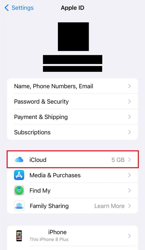 Cliquez sur iCloud dans les paramètres de l'iPhone pour transférer des photos sur MacBook Air