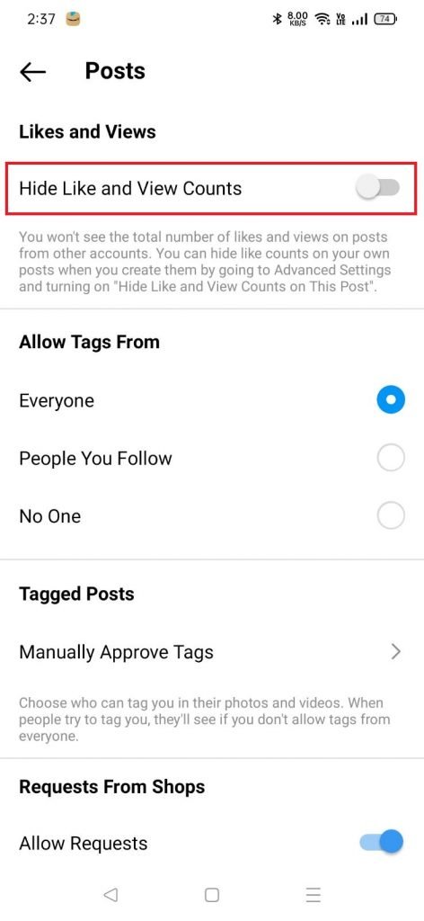 Basculez le bouton pour masquer les likes Instagram
