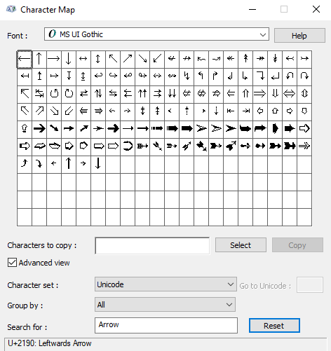 Utilisez la table des caractères pour taper le symbole de flèche