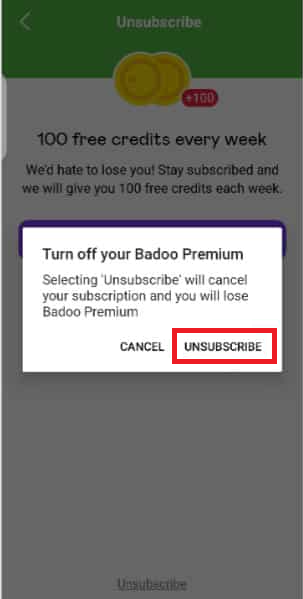 cliquez sur Se désabonner pour annuler l'abonnement Badoo
