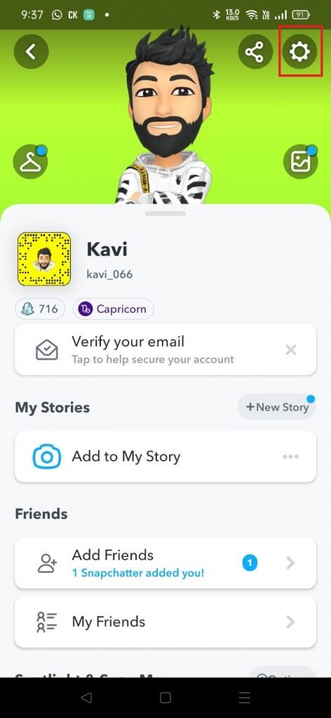 Appuyez sur les paramètres pour changer votre nom d'utilisateur sur Snapchat
